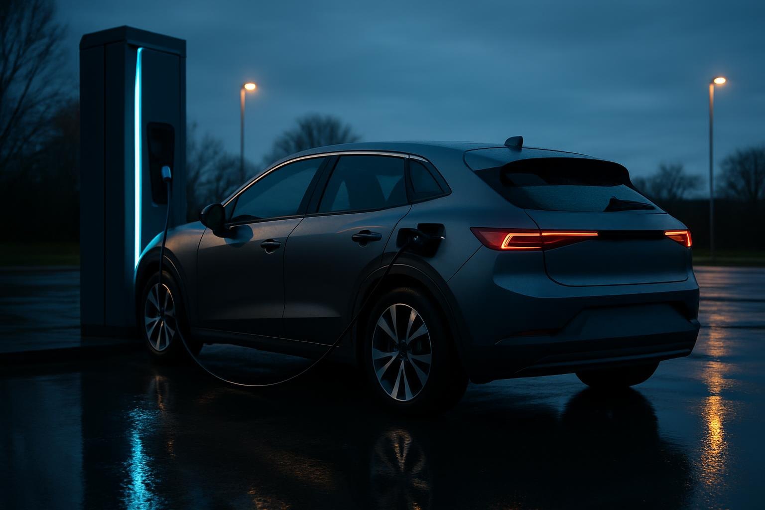 Elektroauto an einer Ladesäule am Abend